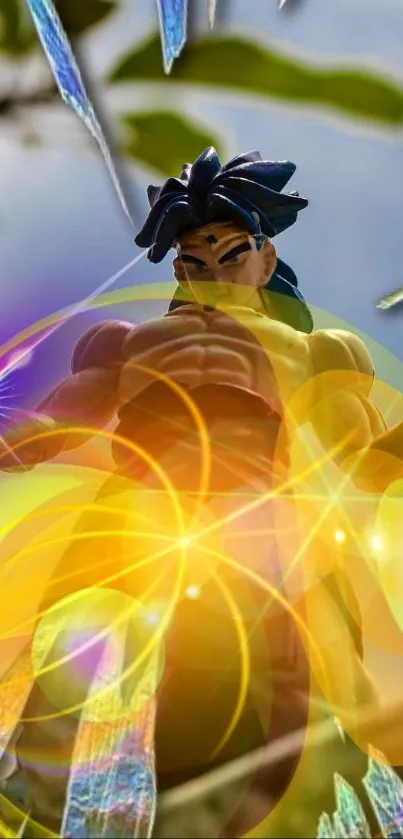 Anime character with vibrant energy aura in dynamic wallpaper design.