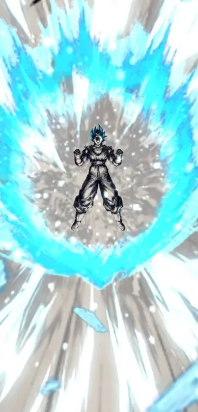 Anime character surrounded by blue energy burst.