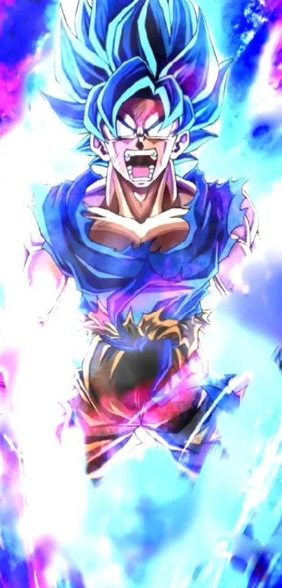 Anime character with blue hair and energy blast background.