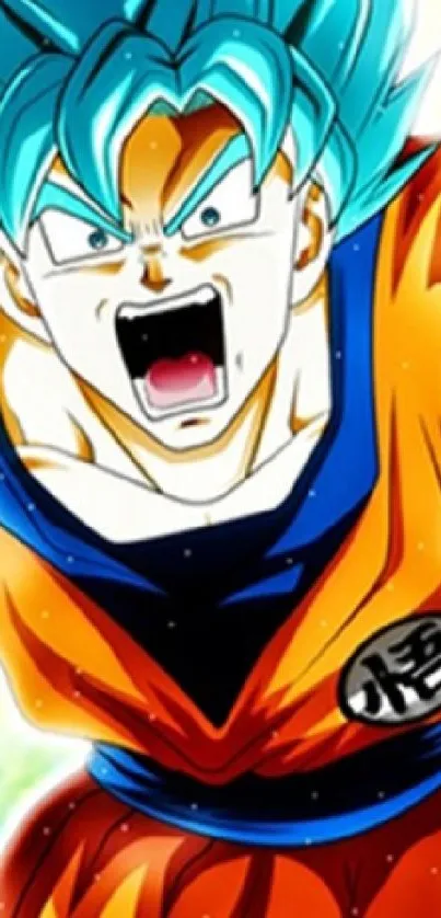 Anime character with blue hair and orange outfit, radiating power and energy.