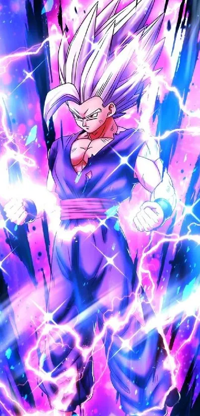 Anime character with electric energy aura in purple background.