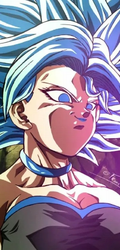 Anime character with blue hair and energy blast in vibrant setting.