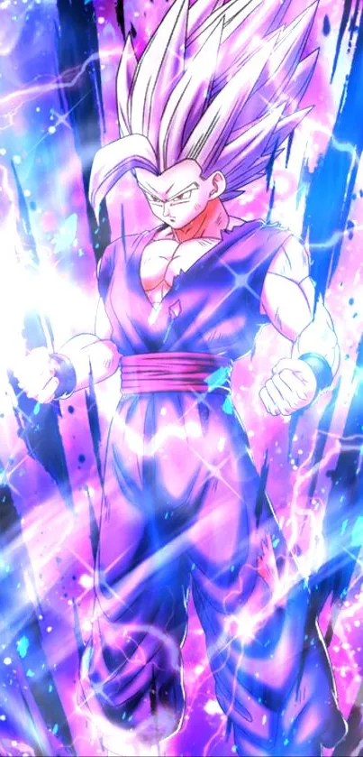 Anime character with vibrant energy aura in purple and blue hues.