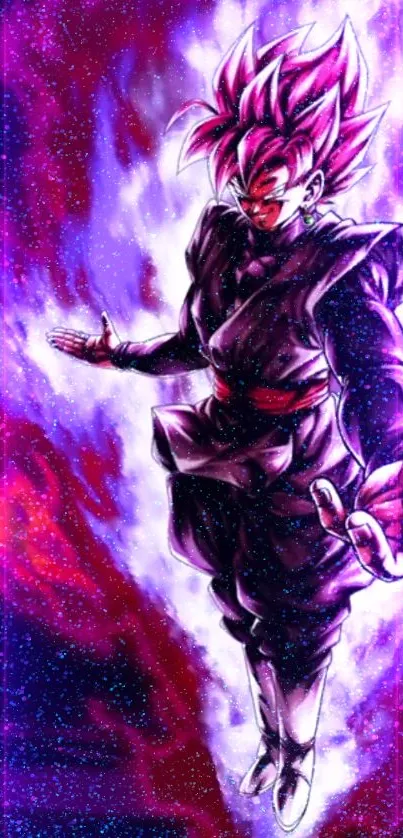 Anime character with vibrant purple energy on cosmic background.