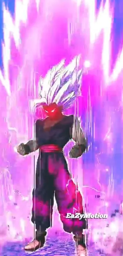 Anime character enveloped in vibrant pink and purple energy aura.