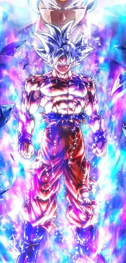 Anime character with vibrant purple and blue aura.