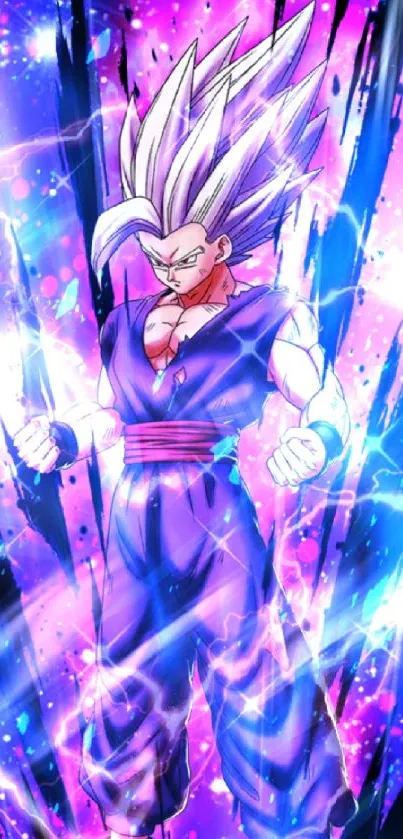 Anime character in a vibrant, neon purple aura with lightning effects.