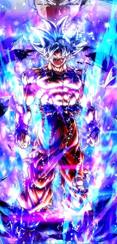 Anime character with vibrant energy aura in blue tones.