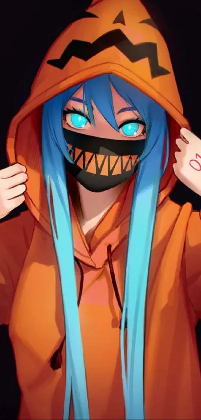 Anime character in a bright orange pumpkin hoodie with blue hair.