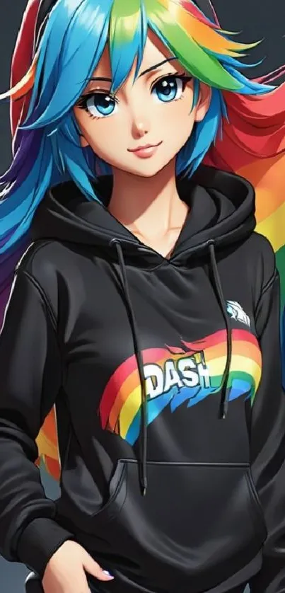 Anime character with rainbow hair in vibrant colors.