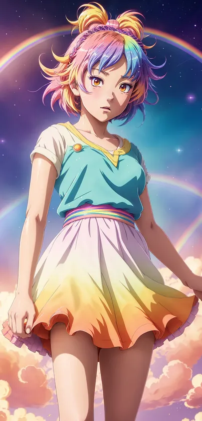 Anime-style wallpaper with a colorful character and rainbow hues.