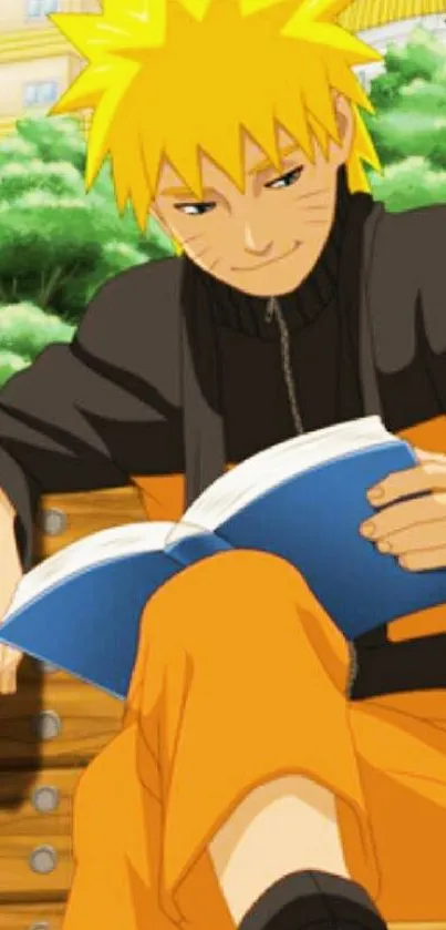 Anime character reading a book on a bench with vibrant colors.