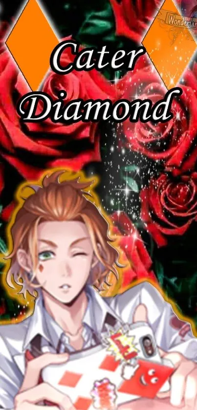 Anime character with roses and diamond background.