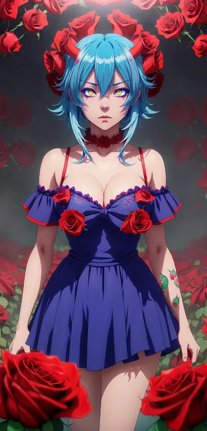 Anime girl with blue hair adorned with red roses.