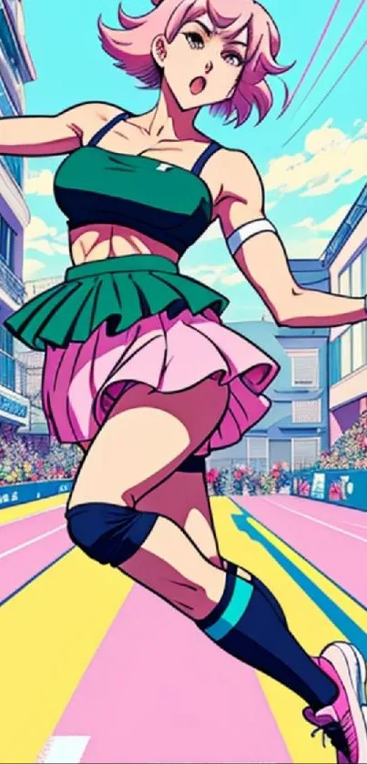 Anime style wallpaper of a female athlete running in a vibrant city street.