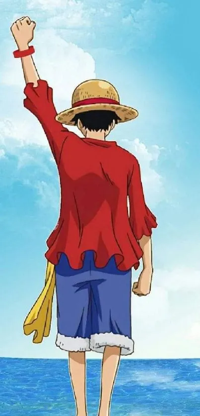 Anime character facing ocean with arm raised in blue and red attire.