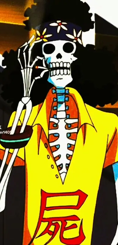 Anime skeleton in colorful attire with vibrant background.