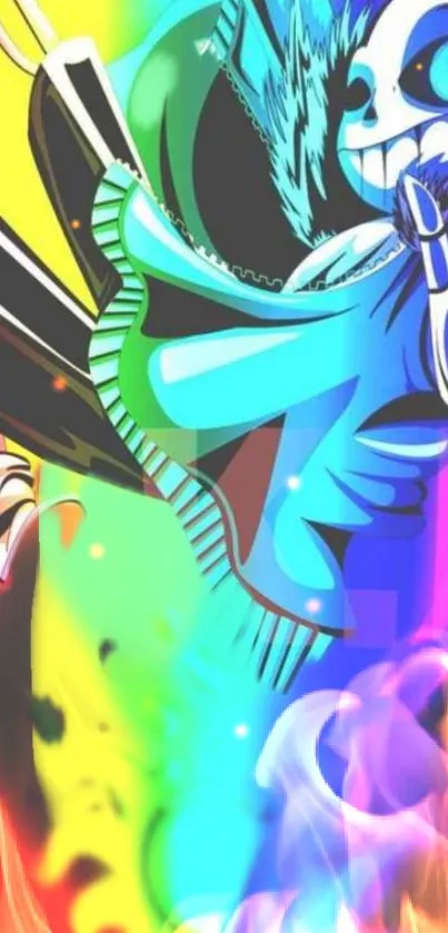 Colorful anime skeleton with rainbow flames.