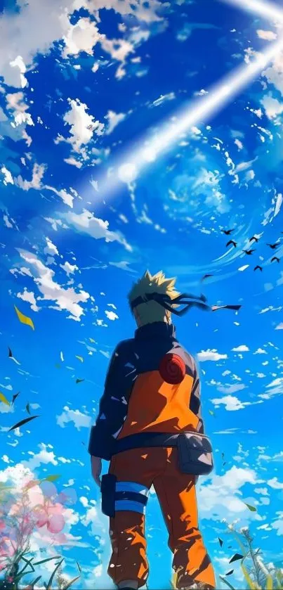 Anime hero stands under a vivid blue sky.