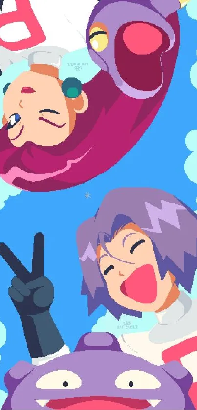 Cheerful anime characters in a vibrant sky.