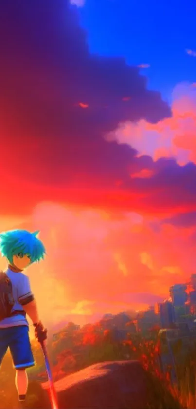 Anime character with glowing sword under vibrant sunset sky.