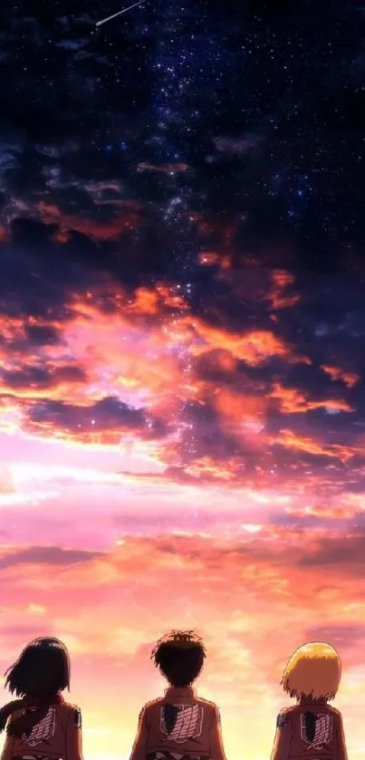 Anime characters beneath vibrant, sunset skies with dramatic clouds and stars.