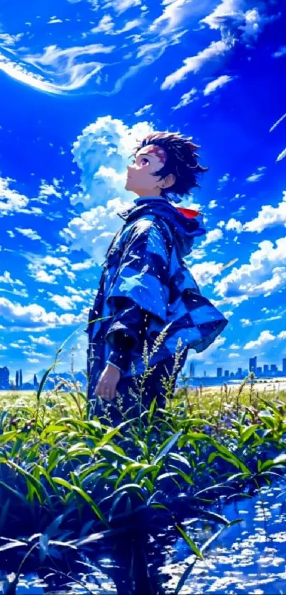 Anime character gazing at a vibrant blue sky with clouds.