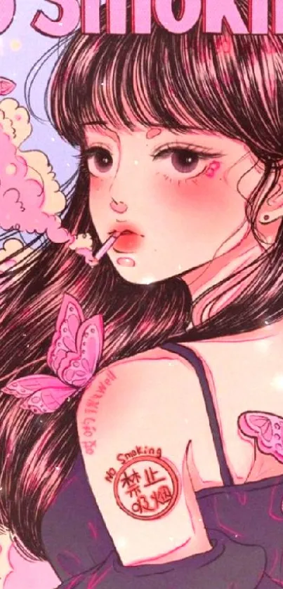 Anime girl with no smoking theme and butterflies on a pink wallpaper.