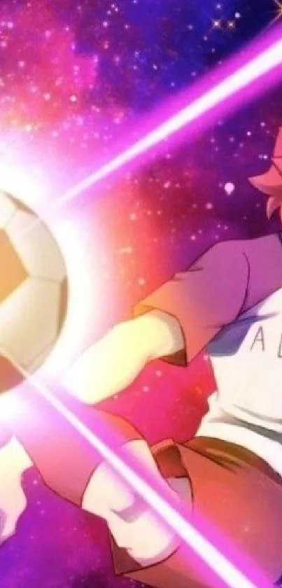 Anime soccer player kicking ball in vibrant cosmic scene.