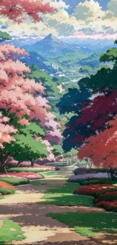 Anime spring landscape with colorful trees and a mountain path.