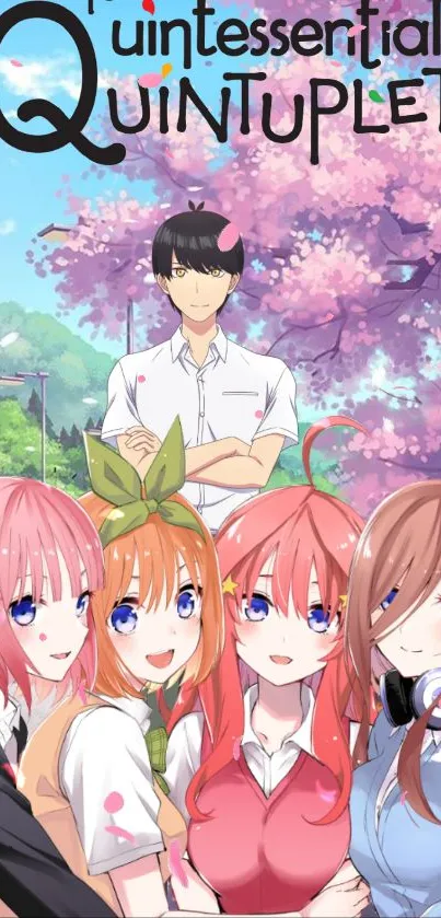 Anime characters in a colorful spring scene with cherry blossoms.