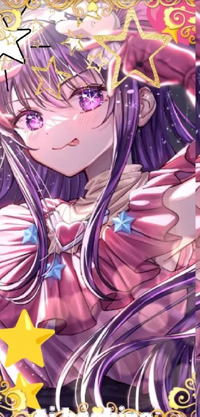 Vibrant anime girl in pink and purple with starry accents on a mobile wallpaper.