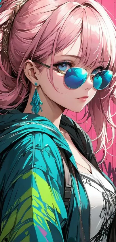 Anime girl with pink hair and sunglasses against graffiti background.