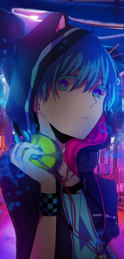 Anime character with blue hair in neon-lit urban setting.