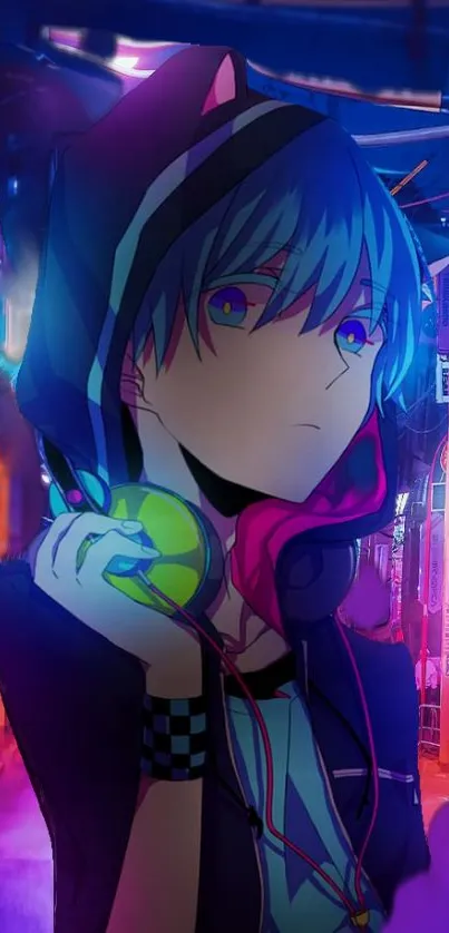 Anime character with neon lights background in a city street scene.