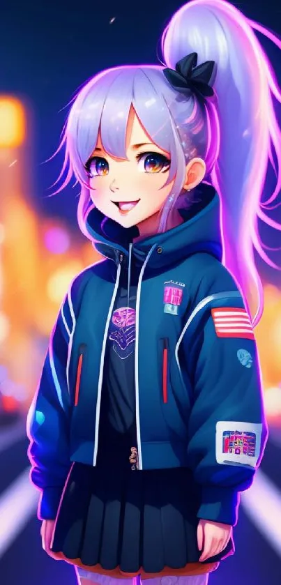 Anime character with purple hair in neon city background.