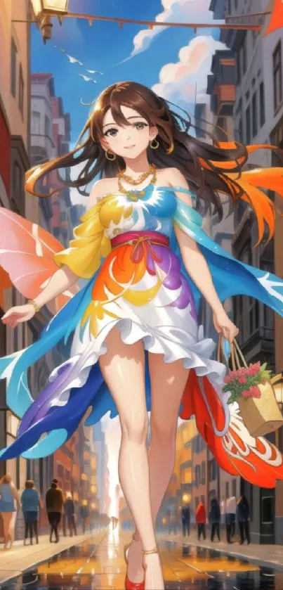 Anime girl in a colorful dress walking down a vibrant city street.