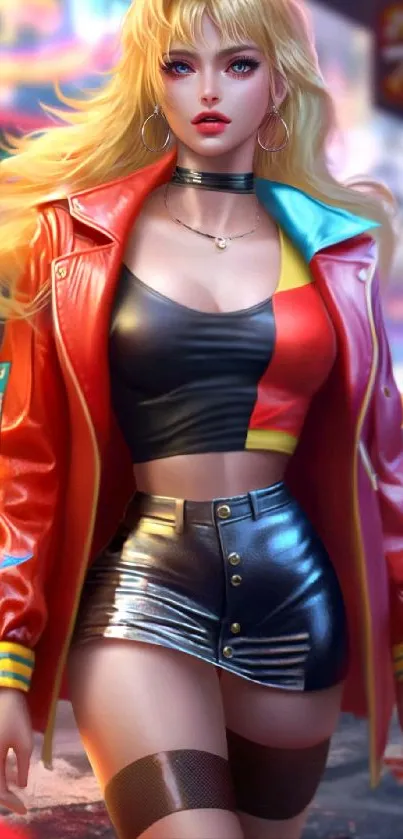 Anime-style blonde character in a colorful jacket with a city backdrop.