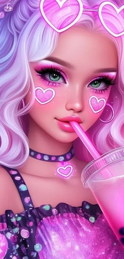 Anime-style portrait with pink hues and heart accents.