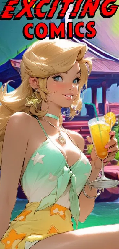 Anime character relaxing with a drink in summer setting.