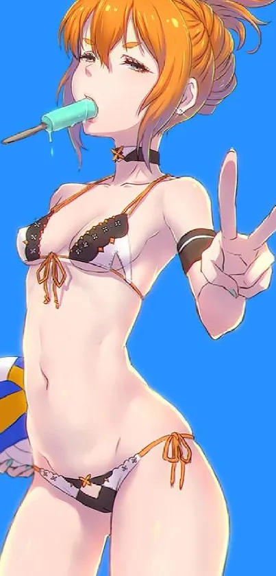 Anime girl in bikini on blue background, peace sign.