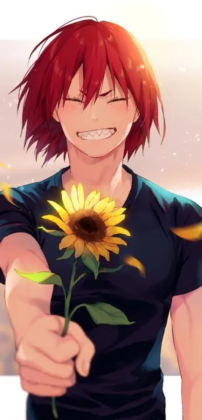 Anime character with sunflower offering vibrant energy.