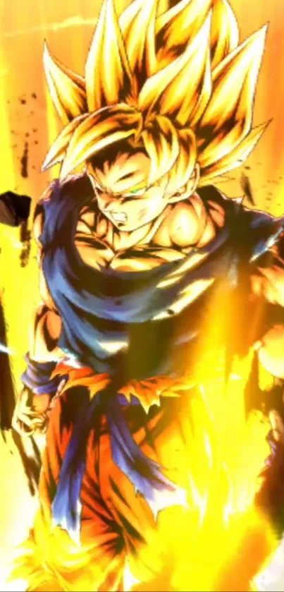 Vibrant anime Super Saiyan with fiery aura.