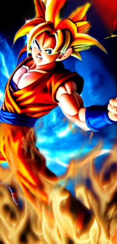 Vibrant anime Super Saiyan with fiery aura.
