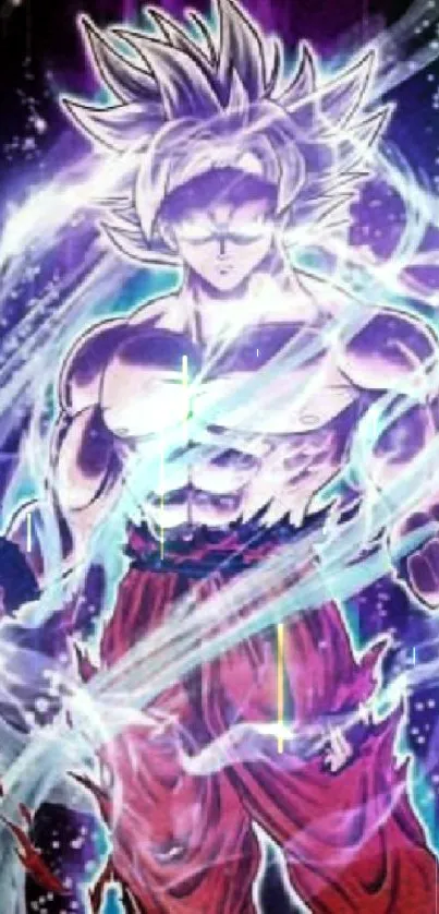 Vibrant Super Saiyan anime character with purple aura and energy bursts.