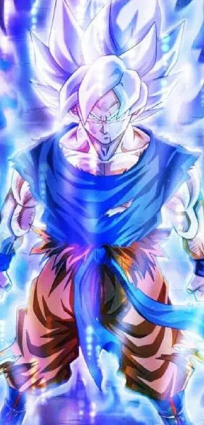 Anime character powering up with a glowing blue aura.