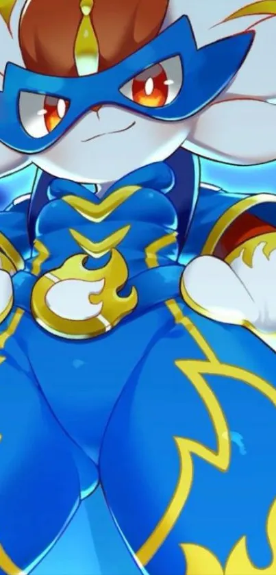 Anime superhero with blue and gold costume.