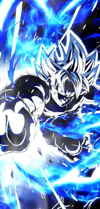 Anime superhero with electrifying blue aura in dynamic action pose.