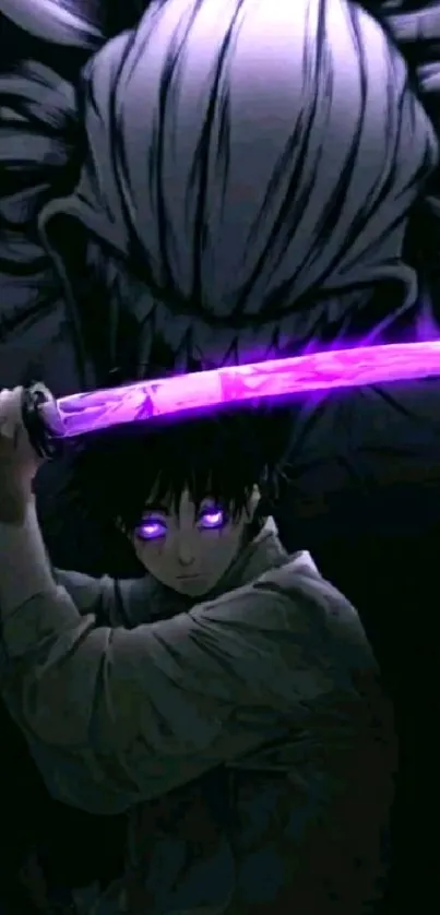 Anime character wielding a purple glowing sword.