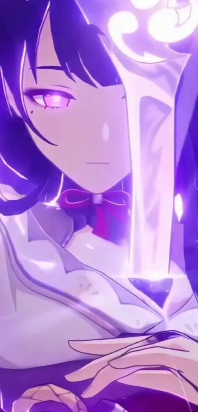 Anime character with glowing sword in vibrant purple tones.